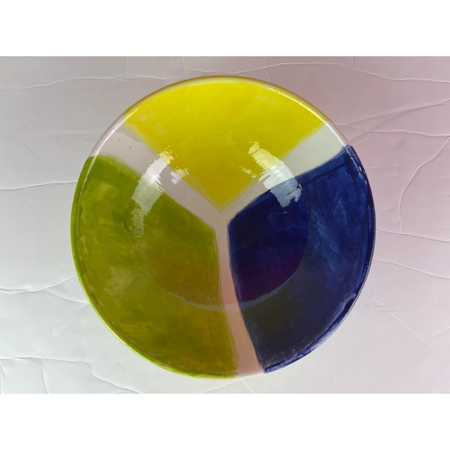 Late 20th Century Handcrafted Modern Ceramic Yellow Blue Green Geometric Bowl For Sale - Image 5 of 11