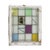 Wood framed window with clear glass and green, yellow, purple, and blue pastel stained glass panes accenting the yellow...