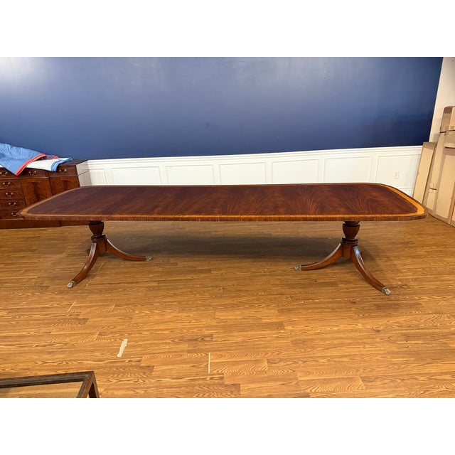 Classic Double Scalloped Multi-Banded Mahogany Dining Table by Leighton Hall - Showroom Sample For Sale - Image 14 of 15