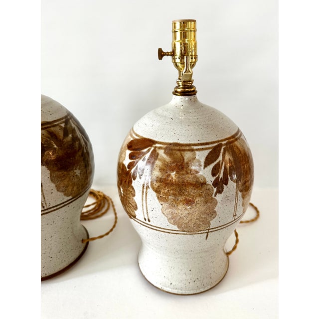 1970s Hand Thrown Stoneware Lamps With Floral Motif - a Pairf For Sale In Cincinnati - Image 6 of 15