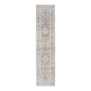 Turkish Oushak Runner With Soft Beige, Taupe, and Blue Geometric Motifs For Sale