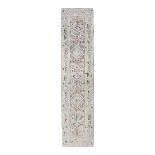 Turkish Oushak Runner With Soft Beige, Taupe, and Blue Geometric Motifs For Sale