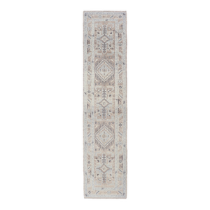 Turkish Oushak Runner With Soft Beige, Taupe, and Blue Geometric Motifs