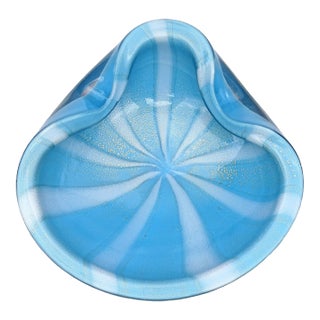 Vintage Barbini Murano Blue White Stripes Gold Flecks Italian Art Glass Mid Century Ashtray Bowl Dish For Sale