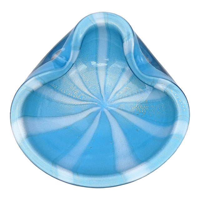 Vintage Barbini Murano Blue White Stripes Gold Flecks Italian Art Glass Mid Century Ashtray Bowl Dish For Sale