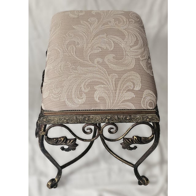 Vintage Bronze Scrollwork Vanity Bench With Cream Jacquard Upholstery For Sale - Image 11 of 18