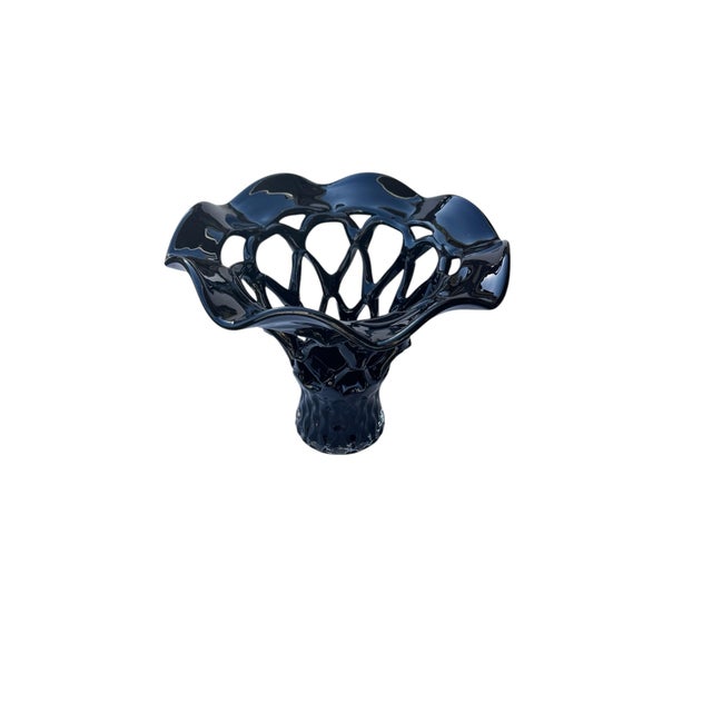 Late 20th Century Late 20th Century Black Art Glass Basket Weave Ruffled Open Lattice Vace For Sale - Image 5 of 8