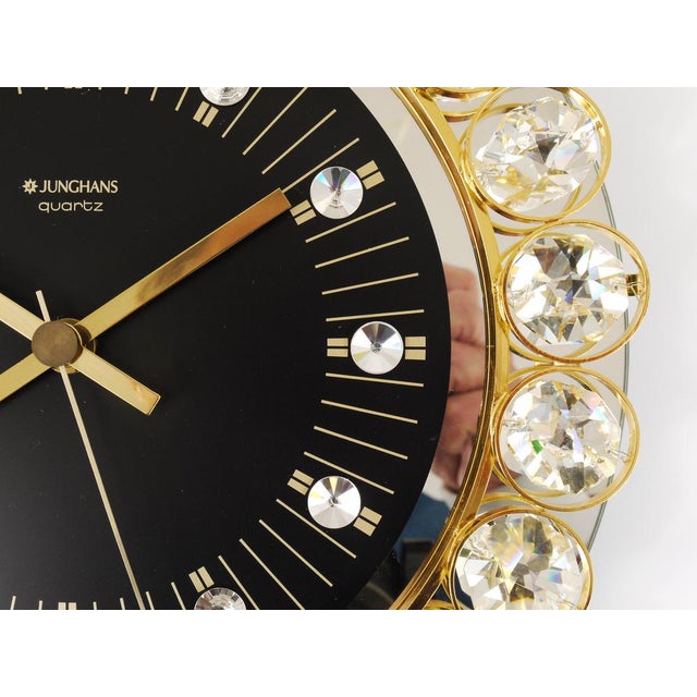 German Hollywood Regency Golden Wall Clock in Gilt with Crystals by Junghans, 1970s For Sale - Image 14 of 15