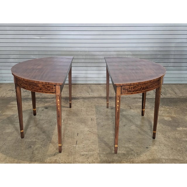 Early 20th Century Pair Federal Mahogany Demi Lune Hall Tables Console Tables Dining Table Inlay For Sale - Image 11 of 12
