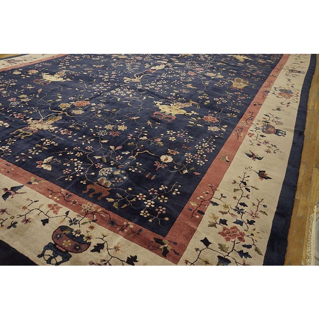 Art Deco 1920s Blue Floral Modern Antique Chinese Art Deco Rug 14' X 23' Handknotted Wool Carpet For Sale - Image 3 of 6