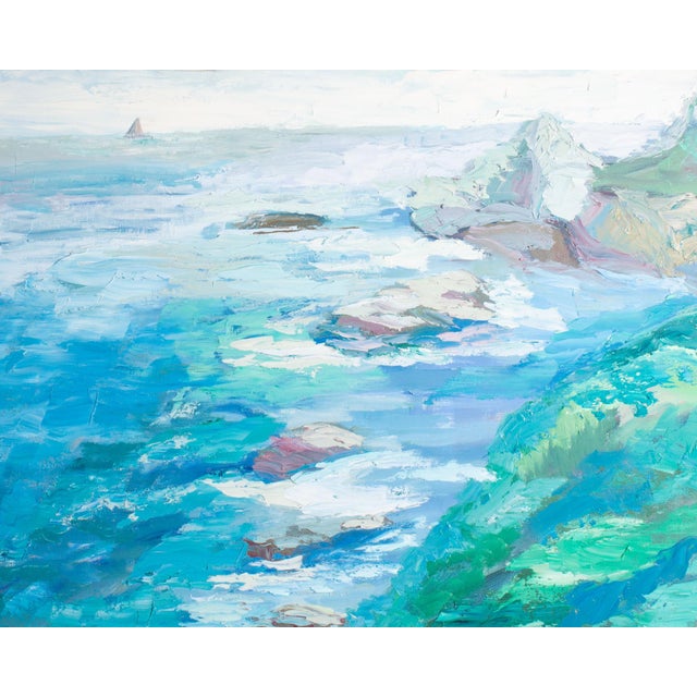 An oil on canvas coastal painting by the American artist Kay Sutherland. This painting features a grassy hill overlooking...