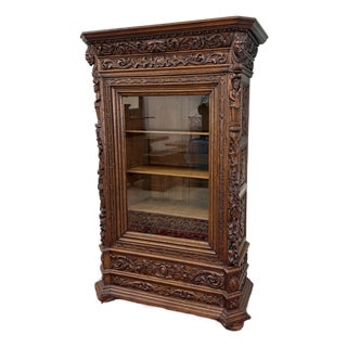 Antique French Renaissance Revival Bookcase Cabinet Side Doors Oak C. 1880s For Sale