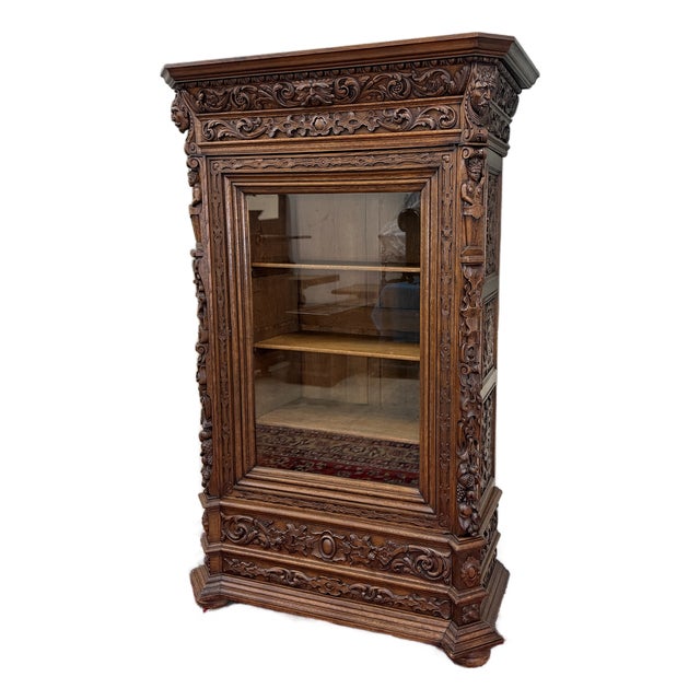 Antique French Renaissance Revival Bookcase Cabinet Side Doors Oak C. 1880s For Sale