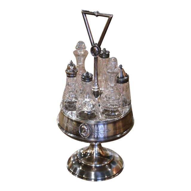 19th Century Reed & Barton Silver-Plated Cruet Set With Six Crystal Bottles For Sale