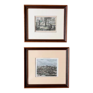 Set of 2 Antique 18th Century Framed Hand Colored Engravings