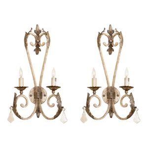 Pair of Vintage Iron Wall Lamps in White and Silver With Acanthus Leaves