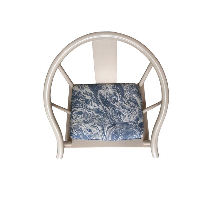 Mid-Century Modern Set of 2 Vintage Baker “Signature” Mid-Century Dining Armchairs in Cream With Blue Upholstered Seats For Sale - Image 3 of 6