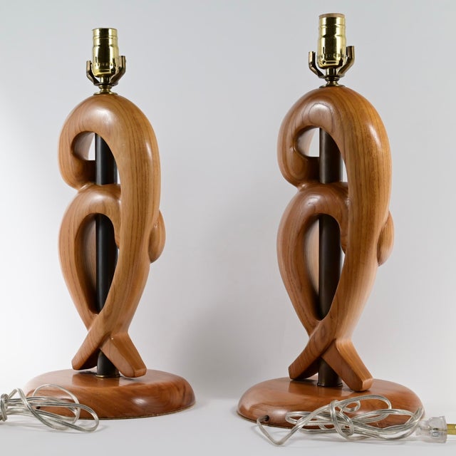 Yasha Heifetz Vintage Mid Century Modern Yasha Heifetz Table Lamps, Sculpted From Fruitwood With Antique Brass Center - a Pair For Sale - Image 4 of 15
