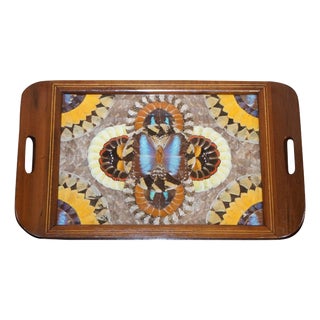 Vintage Brazilian Inlaid Wood Tray with Real Morpho Butterfly Wings For Sale