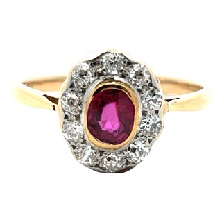 Vintage Two-Tone Ruby & Halo Diamond Ring in 13k Gold, Size 5.5 For Sale