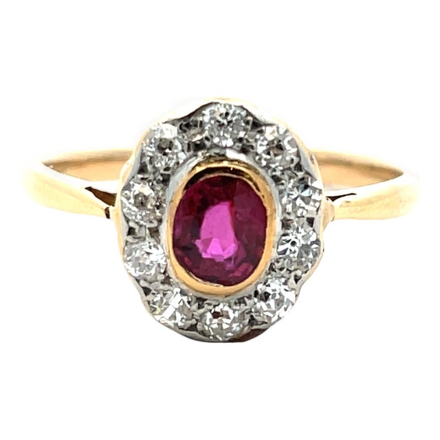 Vintage Two-Tone Ruby & Halo Diamond Ring in 13k Gold, Size 5.5 For Sale