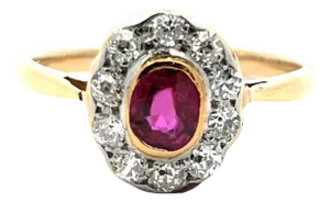 Vintage Two-Tone Ruby & Halo Diamond Ring in 13k Gold, Size 5.5