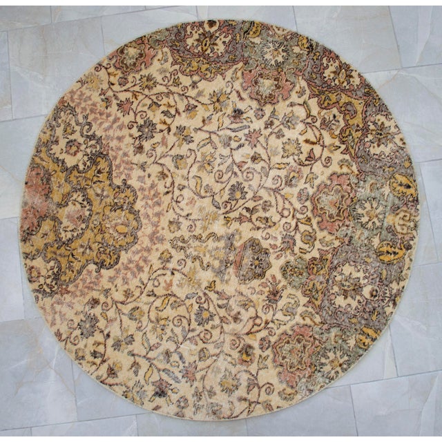 Textile Round Turkish Rug Upcycled Vintage Hand Knotted Wool Circle Area Rug 5'3" X 5'3" For Sale - Image 7 of 13