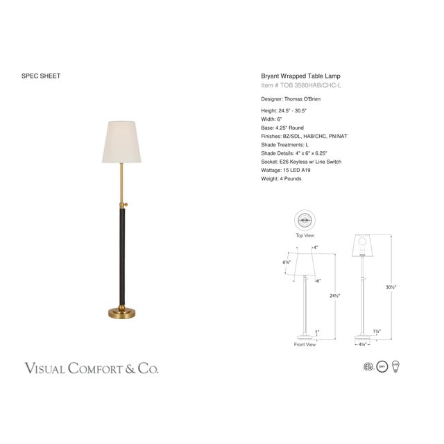 Thomas O'Brien by Visual Comfort Signature Bryant Wrapped Table Lamp in Hand-Rubbed Antique Brass and Chocolate Leather...
