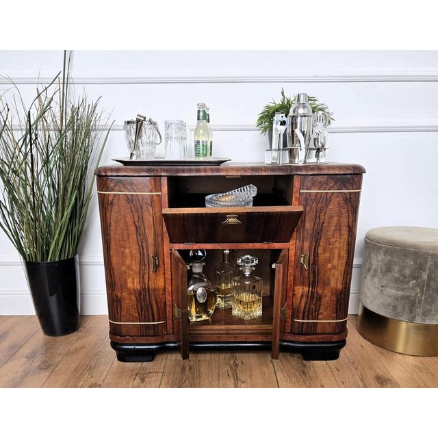 1950s Mid-Century Art Deco Italian Burl Walnut and Mirror Mosaic Dry Bar Cabinet, 1960s For Sale - Image 5 of 13