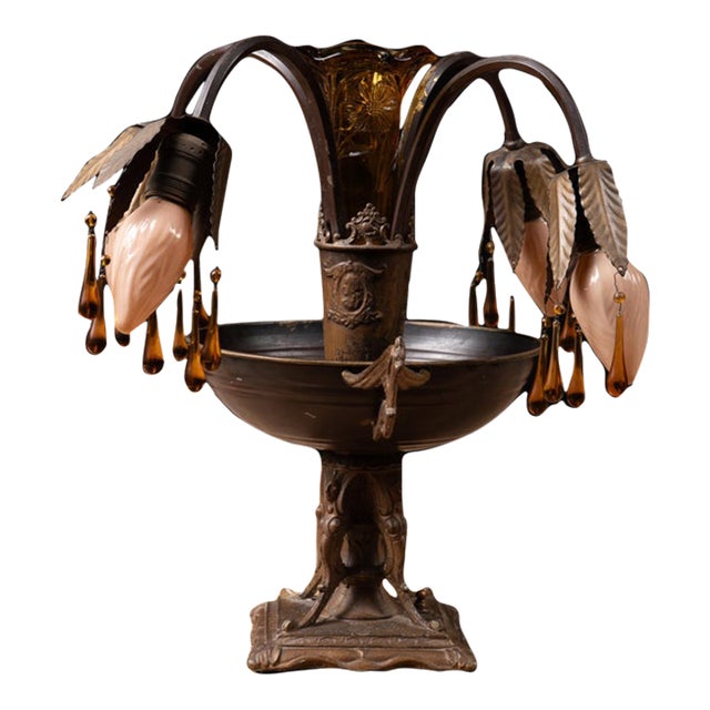 Early 20th Century Art Nouveau Brass and Amber Glass Tear Drop Epergne Lamp For Sale