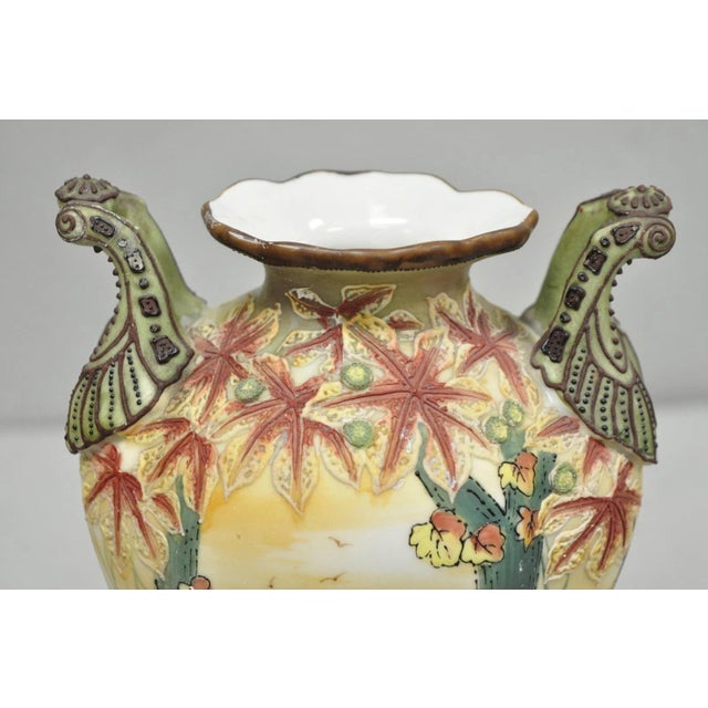 Victorian Antique Nippon Hand Painted Porcelain Moriage Twin Handle Countryside Scene Vase For Sale - Image 3 of 18