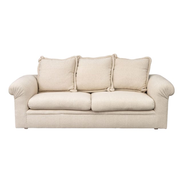 Modern Beige Upholstered Three-Seat Sofa For Sale