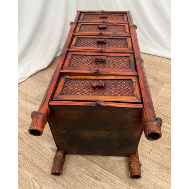 Vintage Nightstand Cabinet Chest Five Drawers Bamboo / Wicker Tiki Petite Size For Sale - Image 12 of 12