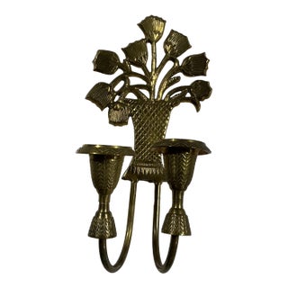 Vintage Brass Floral Basket & Tulip Double Candle Wall Sconce – Made in India For Sale