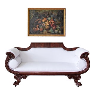 Antique Carved Mahogany Sofa With Crisp White Upholstery For Sale