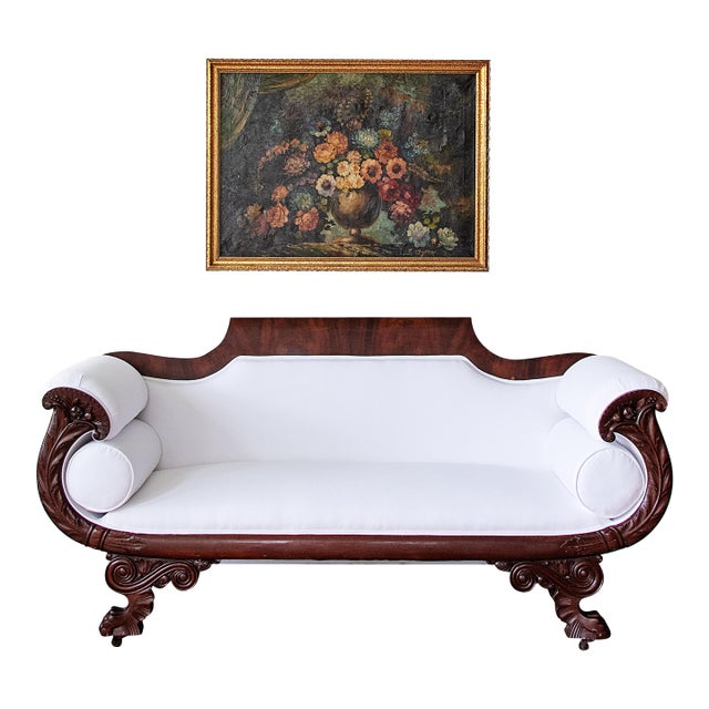 Antique Carved Mahogany Sofa With Crisp White Upholstery For Sale