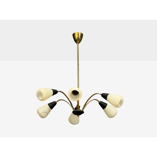 1960s Sputnik Style, Chandelier, Brass, Enameled Metal, Glass For Sale - Image 4 of 10