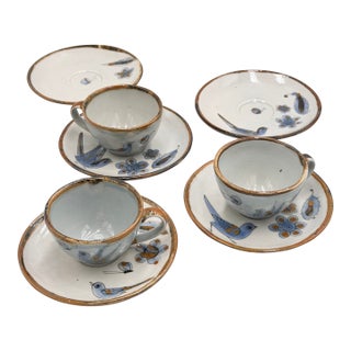 Ken Edwards 1960s El Palomar Tonala Coffee Tea Cups & Plates Mexico Folk Art Pottery - Set of 8 For Sale