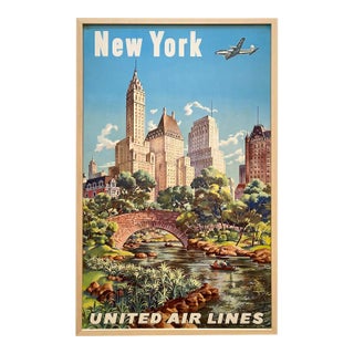 Vintage 1947 Mid Century Modern Joseph Feher Lithograph Print United Airlines " New York " Framed Large Travel Poster For Sale