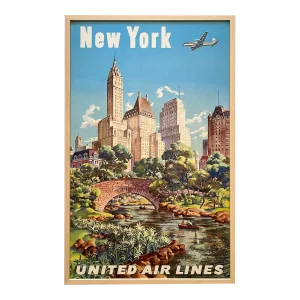 Vintage 1947 Mid Century Modern Joseph Feher Lithograph Print United Airlines " New York " Framed Large Travel Poster