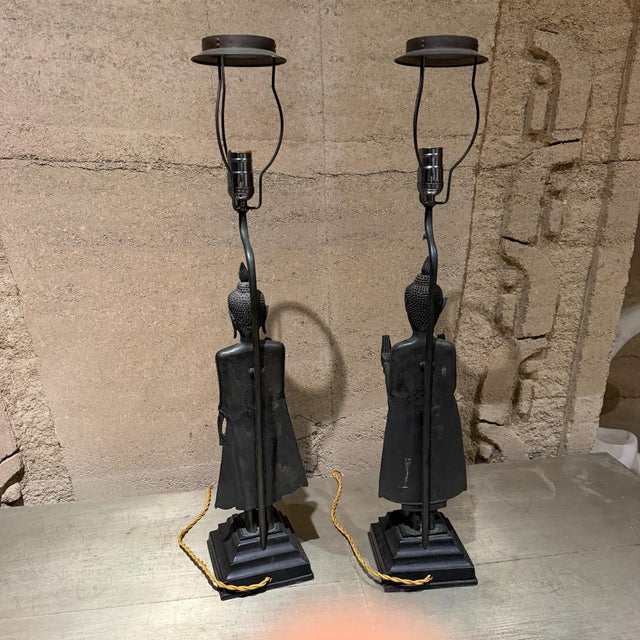 Antique Thai/Khmer-Style Bronze Standing Buddha Table Lamps Hollywood Regency For Sale - Image 15 of 18