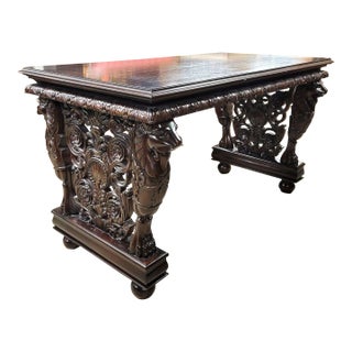 Mahogany Carved Lion Library Table or Writing Desk For Sale