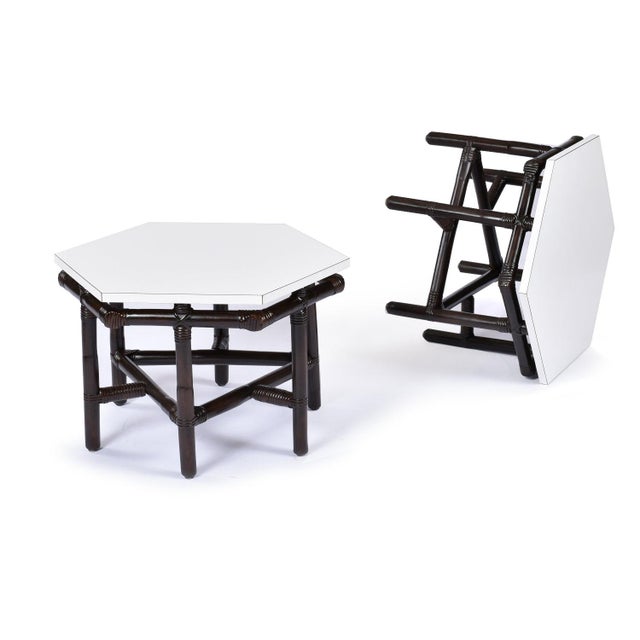 Pair of Ficks Reed Dark Rattan and White Hexagon Side Tables 1950s For Sale - Image 6 of 12