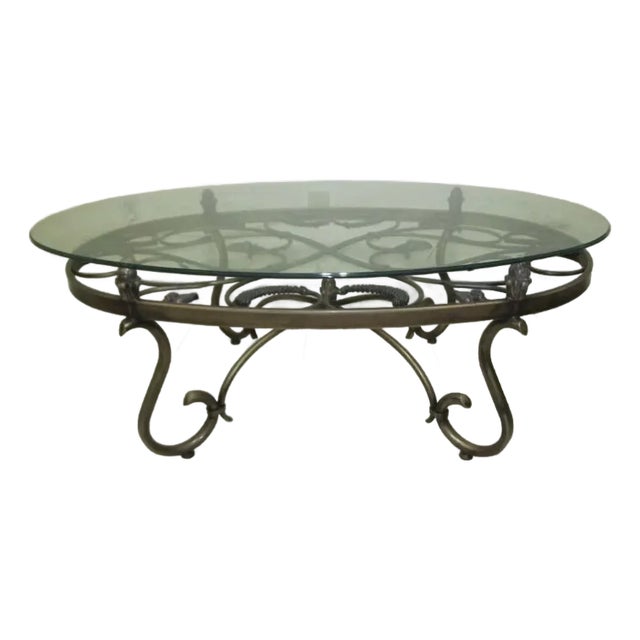 1990s Oval Metal Coffee Table Italian Style Ornate Glass Top Shipping Is Extra For Sale