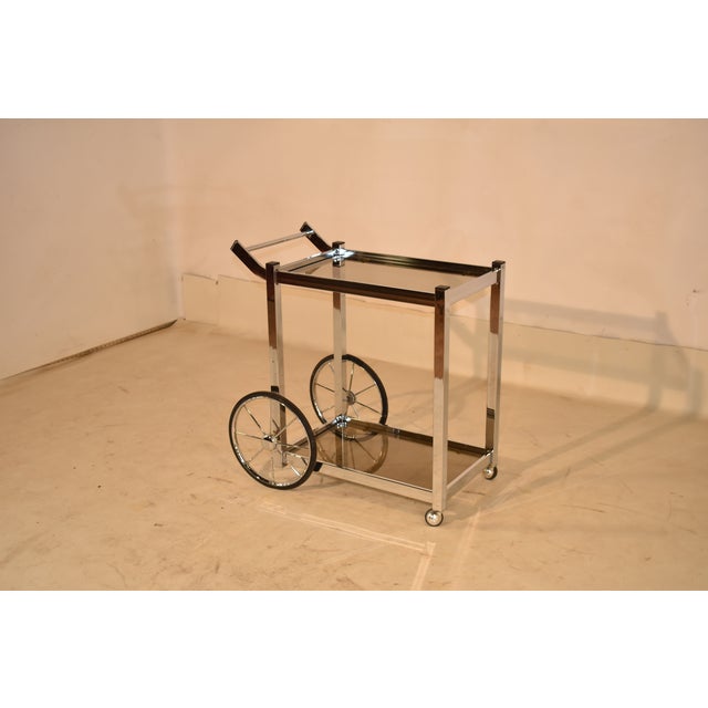 1970s Mid-Century Chrome and Smoked Glass Two Tier Rolling Bar Cart For Sale - Image 5 of 12