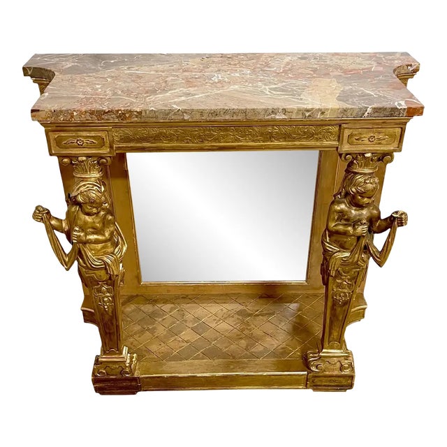 19th Century Italian Neoclassical Breccia Viola Marble & Giltwood Figural Console For Sale