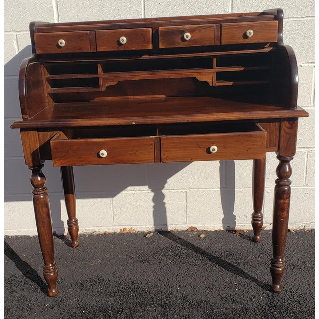 Ethan Allen Old Tavern Rolltop Pine Desk With Walnut Ladder Back and Rush Seat Chair Chairish