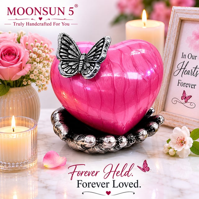 Pink Butterfly Heart Cremation Urn With Hand Stand With Picture Frame With Silver Butterfly 7x9 Inches | Memorial Keepsake for Ashes, For Sale - Image 4 of 14