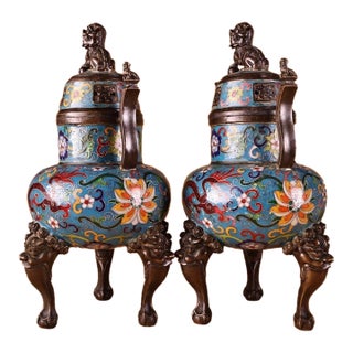 Late 20th Century Pair of Cloisonné Enamel Dragon Censers With Guardian Lion Finials For Sale