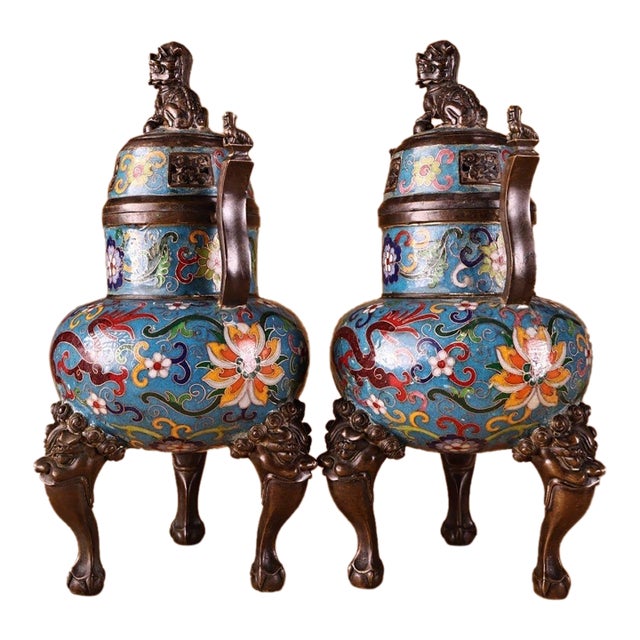 Late 20th Century Pair of Cloisonné Enamel Dragon Censers With Guardian Lion Finials For Sale